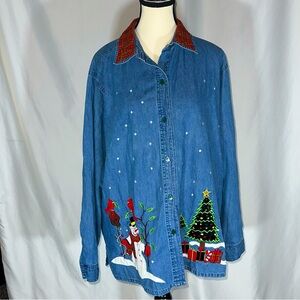 Tantrums • Christmas Embroidered Jean Jacket Christmas Trees Snow Plaid 1x